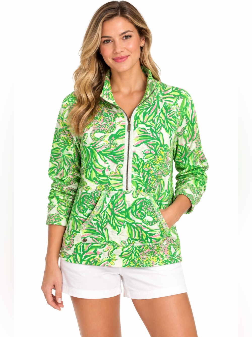 Lilly Pulitzer Pullover Womens Large Green Pink Tropical Half Zip Jacket Popover